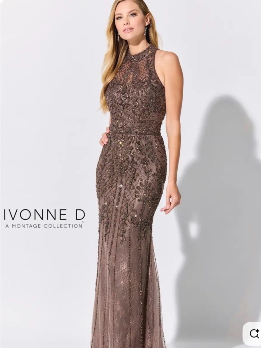 Beaded Brown Long Fitted Formal Sleeveless Dress with Wrap. Prom or Wedding.